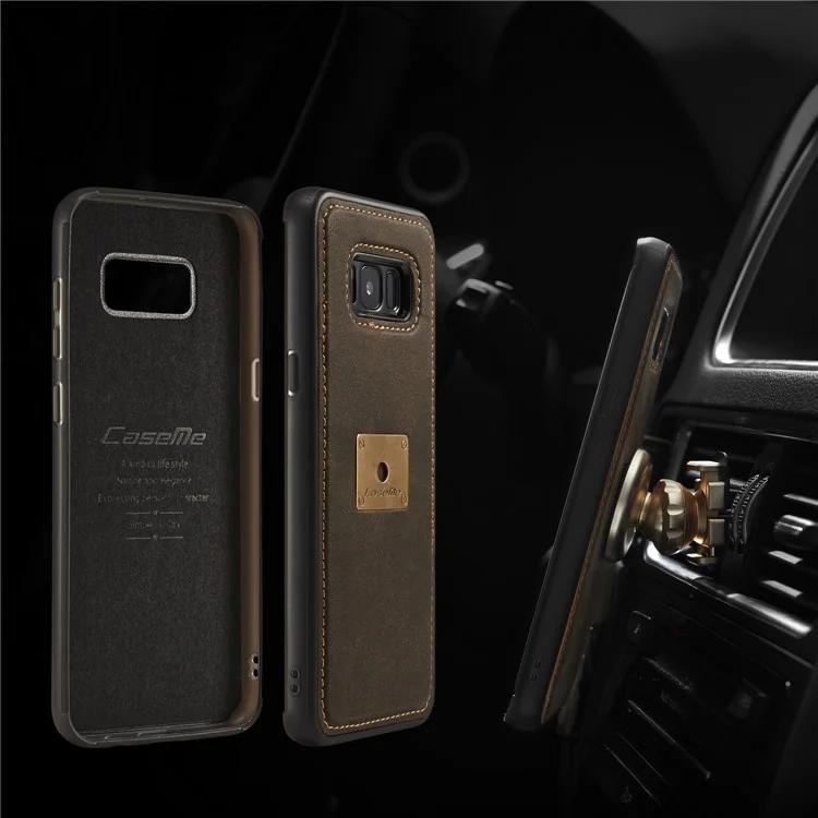 CASEME H3 Han Series for Samsung Galaxy S8+ G955 Metal Ring Kickstand Leather Coated PC TPU Hybrid Cover - Coffee
