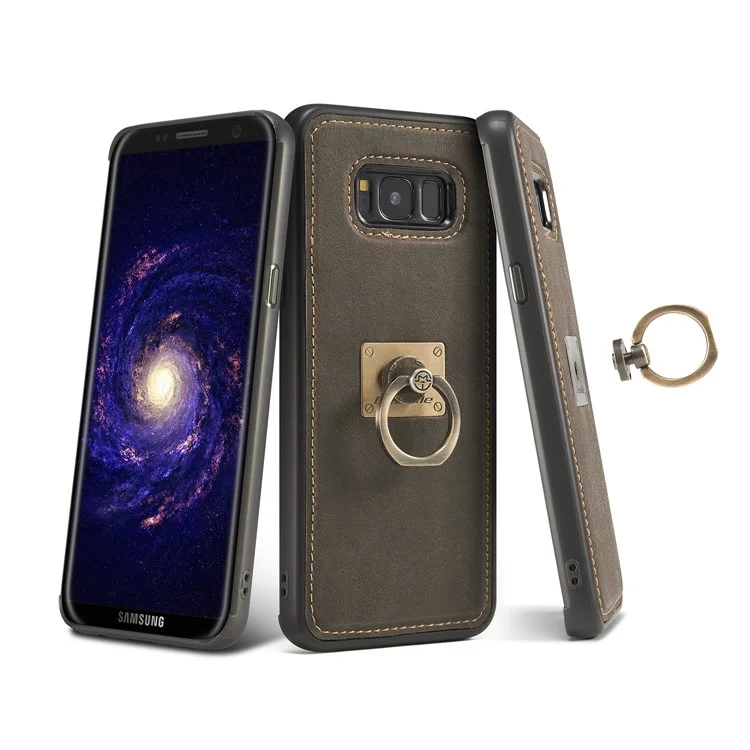 CASEME H3 Han Series for Samsung Galaxy S8+ G955 Metal Ring Kickstand Leather Coated PC TPU Hybrid Cover - Coffee