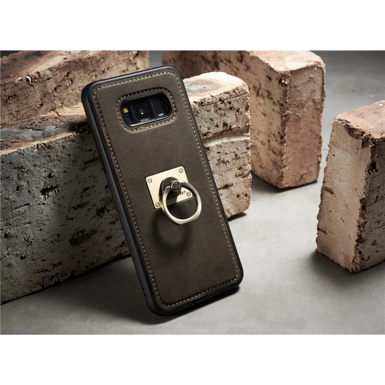 CASEME H3 Han Series for Samsung Galaxy S8+ G955 Metal Ring Kickstand Leather Coated PC TPU Hybrid Cover - Coffee