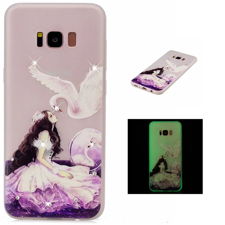 Luminous Rhinestone Embossment Soft TPU Case Shell for Samsung Galaxy S8 G950 - Pretty Girl and White Swan