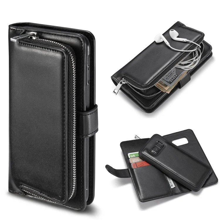 For Samsung Galaxy S8 G950 Detachable TPU Cover Zipper Pocket Leather Wallet Phone Case - Black