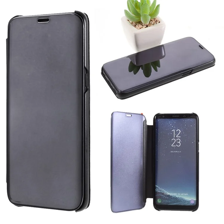 Plated Mirror Surface LeatherPhone Case View Window  Stand Shell for Samsung Galaxy S8 G950 - Black