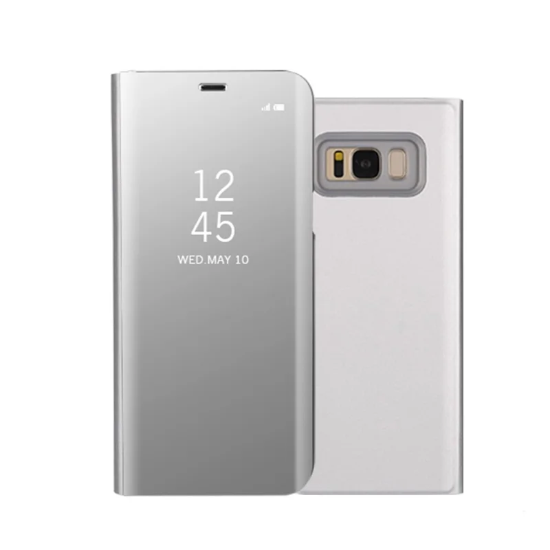 Plated Mirror Surface LeatherPhone Case View Window  Stand Shell for Samsung Galaxy S8 G950 - Silver