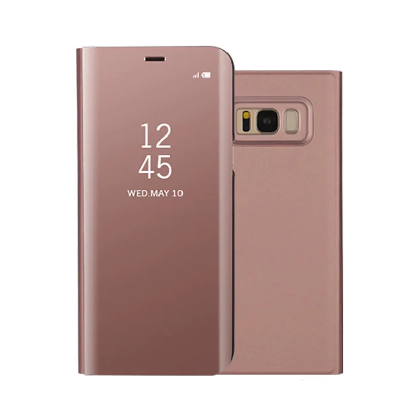 For Samsung Galaxy S8 Plus G955 Plated Mirror Surface View Leather Stand Mobile Case Smart Cell Phone Accessory - Rose Gold