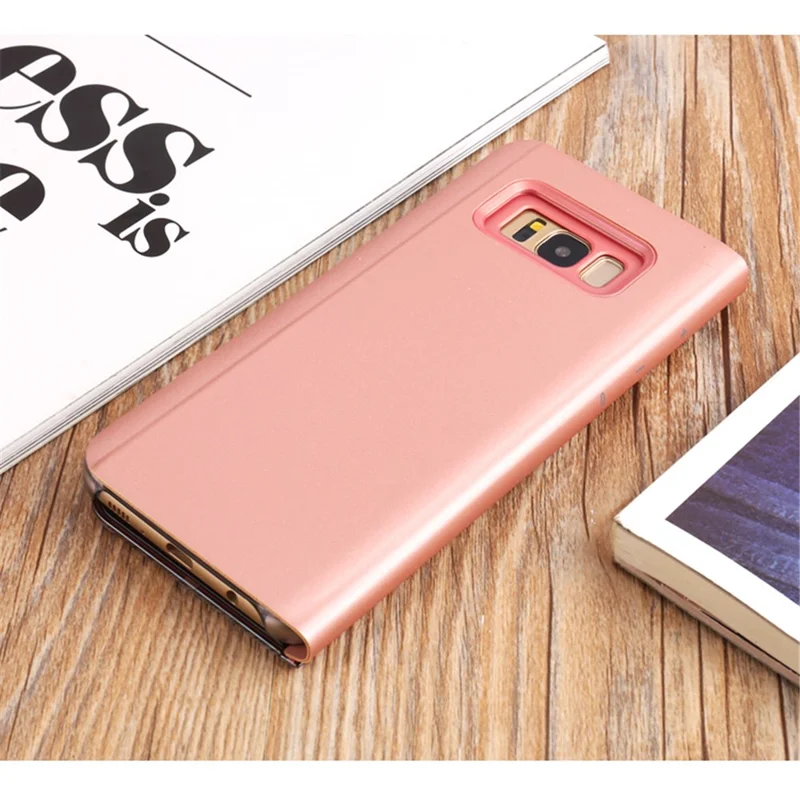 For Samsung Galaxy S8 Plus G955 Plated Mirror Surface View Leather Stand Mobile Case Smart Cell Phone Accessory - Rose Gold