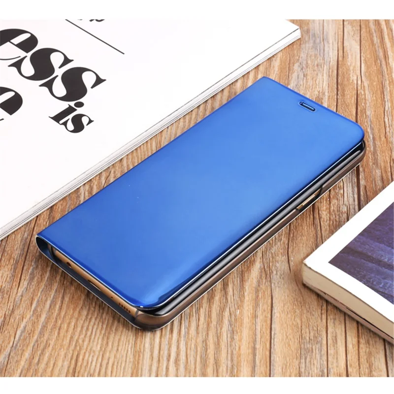For Samsung Galaxy S8 Plus G955 Plated Mirror Surface View Leather Stand Mobile Case Smart Cell Phone Accessory - Blue