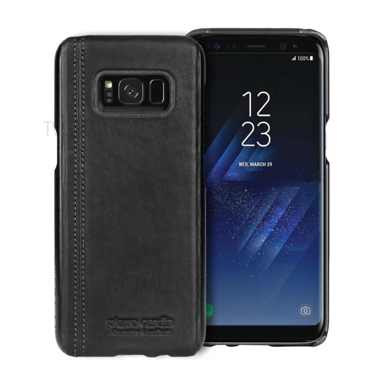 PIERRE CARDIN Stitched Genuine Leather Coated Hard PC Case for Samsung Galaxy S8+ SM-G955 - Black