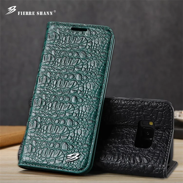 FIERRE SHANN Crocodile Texture Leather Wallet Case for Samsung Galaxy S8 G950 - Green