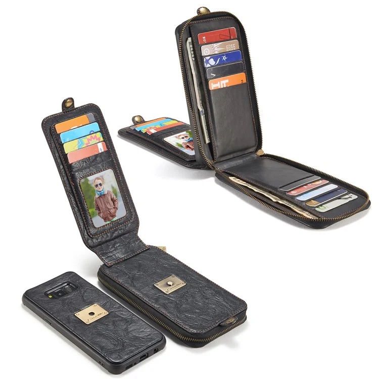 CASEME Movable 2-in-1 Multi-slot Wallet Vintage Split Leather Mobile Case for Samsung Galaxy S8 G950 - Black