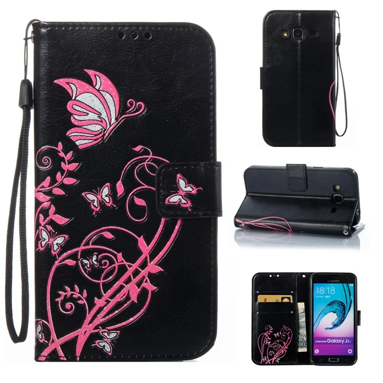 Wallet PU Leather Stand Butterfly Flower Case for Samsung Galaxy J3 (2016) / J3 J320 - Black