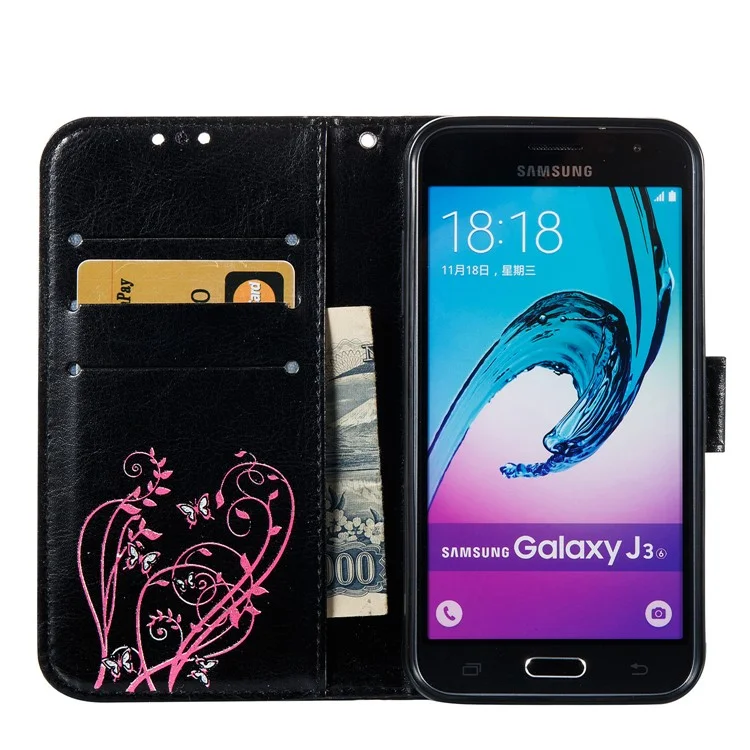 Wallet PU Leather Stand Butterfly Flower Case for Samsung Galaxy J3 (2016) / J3 J320 - Black