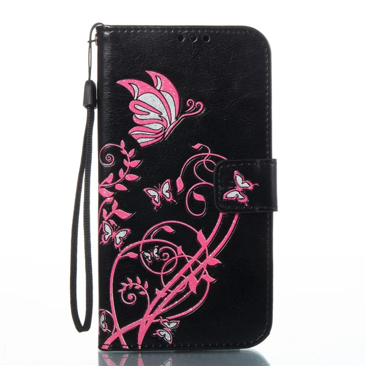 Wallet PU Leather Stand Butterfly Flower Case for Samsung Galaxy J3 (2016) / J3 J320 - Black