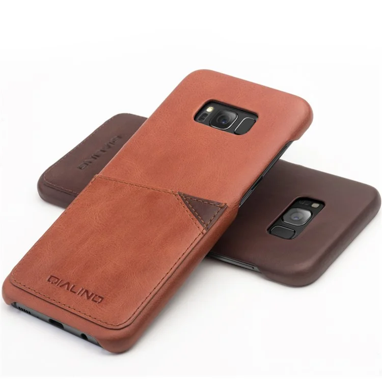 QIALINO Card Holder Cowhide Leather Coated PC Mobile  Phone Cover for Samsung Galaxy S8+ SM-G955 - Coffee