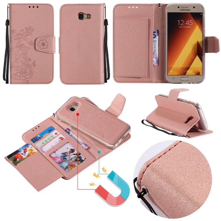 Movable 2-in-1 Imprint Glitter Powder Leather Wallet Phone Casing for Samsung A5 2017 A520 - Rose Gold