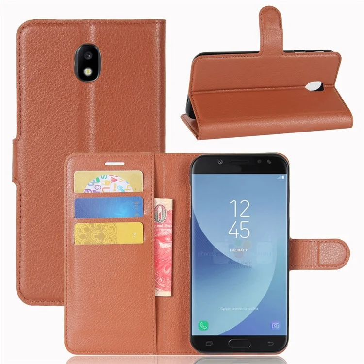 Litchi Skin Leather Wallet Phone Case with Stand for Samsung Galaxy J5 (2017) EU Version - Brown