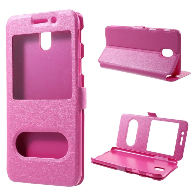 For Samsung Galaxy J7 (2017) EU Version Silk Skin Dual View Window Leather Stand Phone Cover - Rose