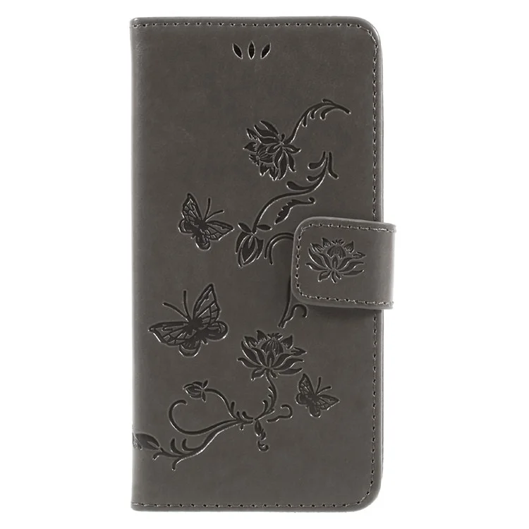 Imprint Butterfly and Flower Leather Flip Case Cover with Stand for Samsung Galaxy A5 (2017) SM-A520F - Grey