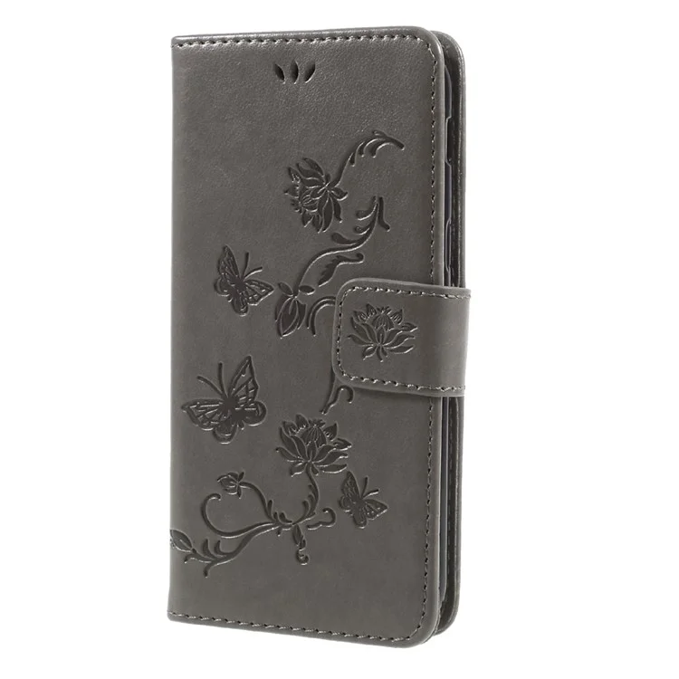 Imprint Butterfly and Flower Leather Flip Case Cover with Stand for Samsung Galaxy A5 (2017) SM-A520F - Grey
