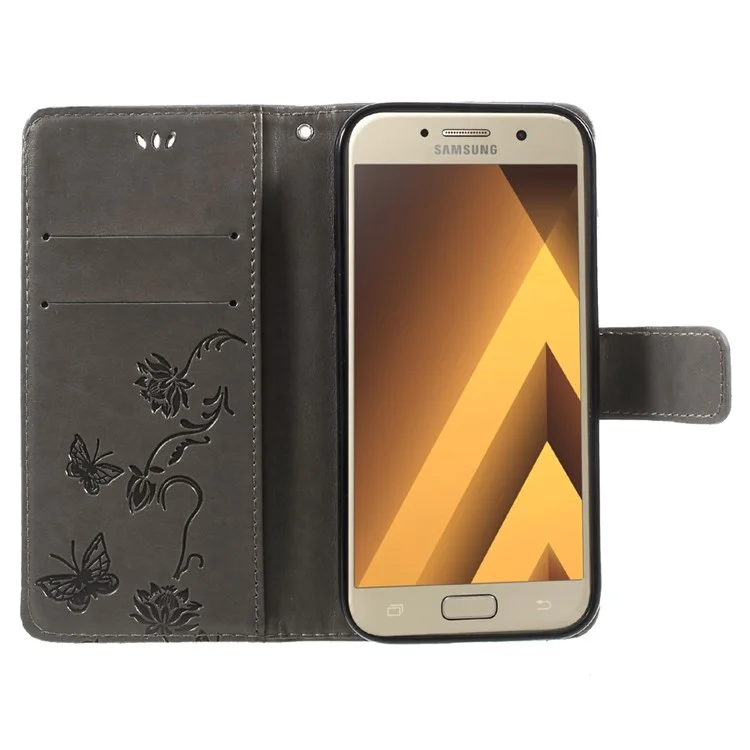 Imprint Butterfly and Flower Leather Flip Case Cover with Stand for Samsung Galaxy A5 (2017) SM-A520F - Grey
