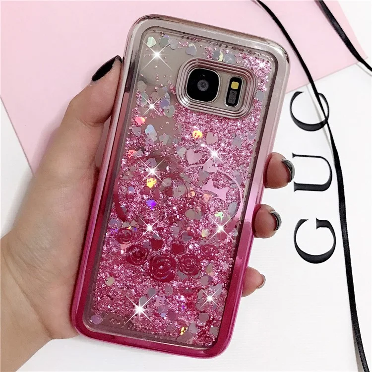 For Samsung Galaxy S8 G950 Electroplating Edges Liquid Glitter Powder Quicksand TPU Cover - Rose and Heart