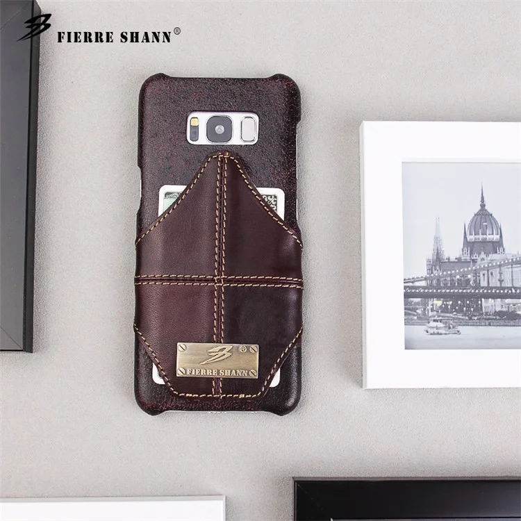 FIERRE SHANN Genuine Leather Skin Hard Cell Phone Cover with Card Slot for Samsung Galaxy S8 SM-G950
