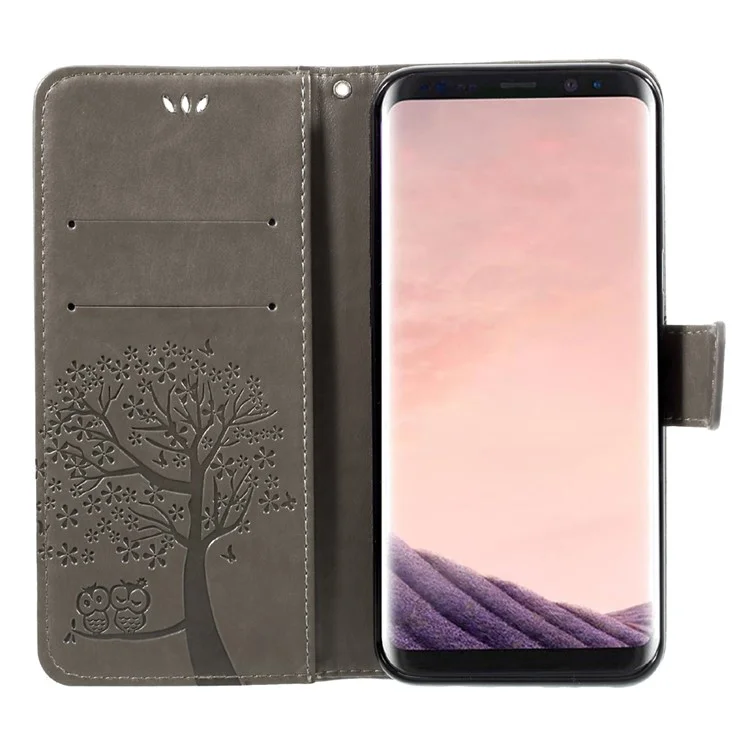 Imprint Tree Owl Magnetic Wallet PU Leather Stand Shell for Samsung Galaxy S8 Plus SM-G955 - Grey