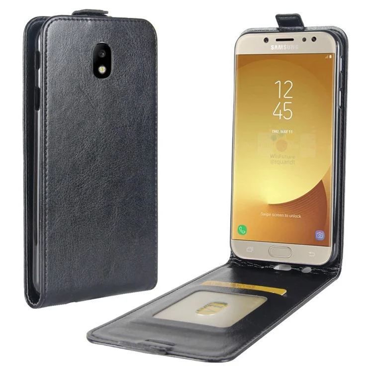 Crazy Horse Vertical Flip Leather Cell Phone Case with Card/Photo Slot for Samsung Galaxy J7 (2017) EU / Asia Version - Black