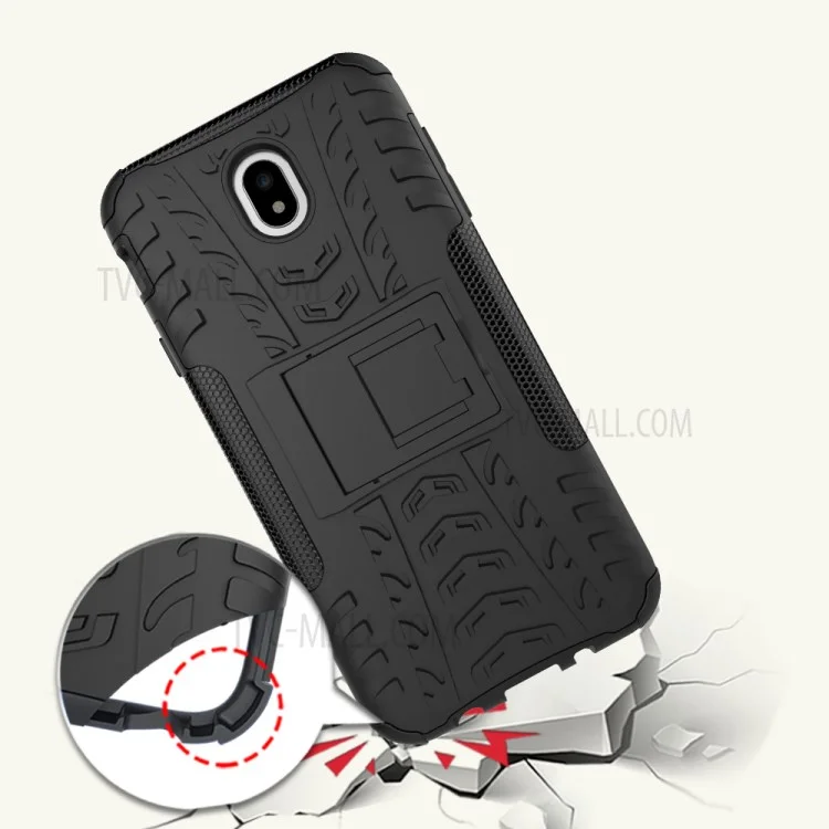 Tire Pattern Kickstand PC + TPU Hybrid Case Para Samsung Galaxy J7 (2017) Versión de la ue - Negro