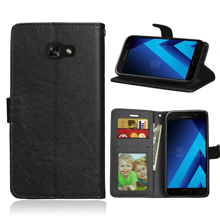 Crazy Horse Wallet PU Leather Cover with Stand for Samsung Galaxy A5 (2017) SM-A520 - Black