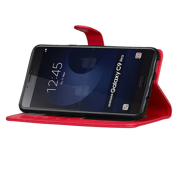 For Samsung Galaxy C9 Pro Wallet 3 Card Slots Crazy Horse PU Leather Mobile Phone Case - Red