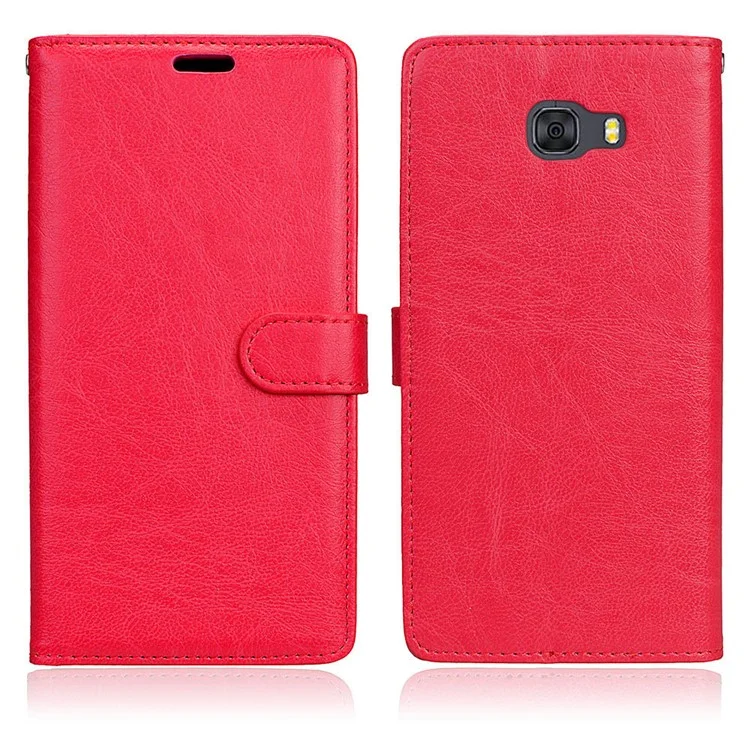 For Samsung Galaxy C9 Pro Wallet 3 Card Slots Crazy Horse PU Leather Mobile Phone Case - Red