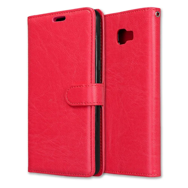 For Samsung Galaxy C9 Pro Wallet 3 Card Slots Crazy Horse PU Leather Mobile Phone Case - Red
