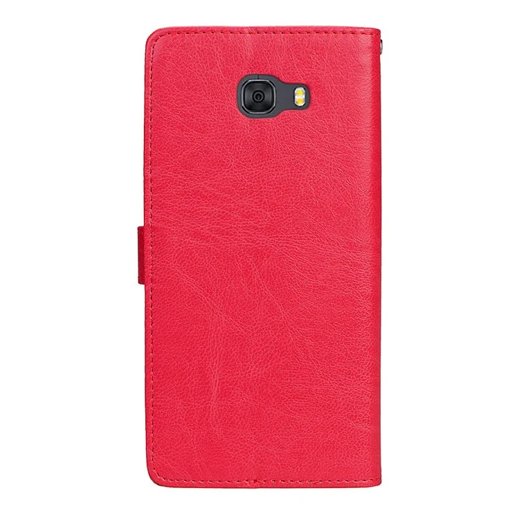 For Samsung Galaxy C9 Pro Wallet 3 Card Slots Crazy Horse PU Leather Mobile Phone Case - Red