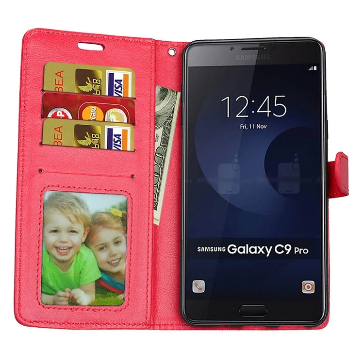 For Samsung Galaxy C9 Pro Wallet 3 Card Slots Crazy Horse PU Leather Mobile Phone Case - Red