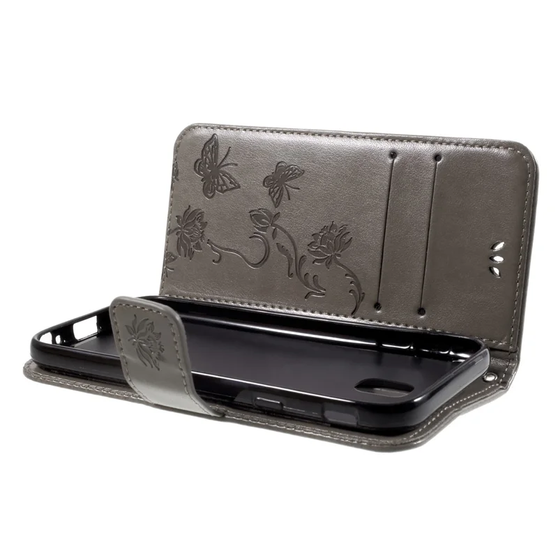 Imprint Butterfly Flower Magnetic Wallet PU Leather Stand Shell for Samsung	Galaxy J3 (2017) EU / Asia Version - Grey