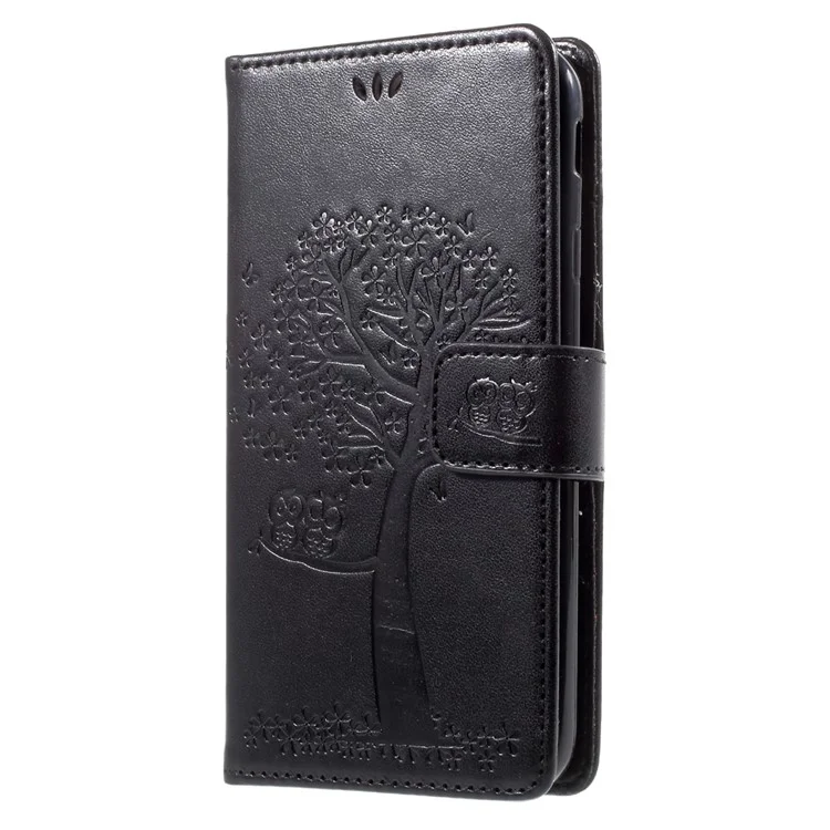 Imprint Tree Owl Magnetic Wallet PU Leather Stand Case for Samsung Galaxy J7 (2017) EU / Asia Version - Black