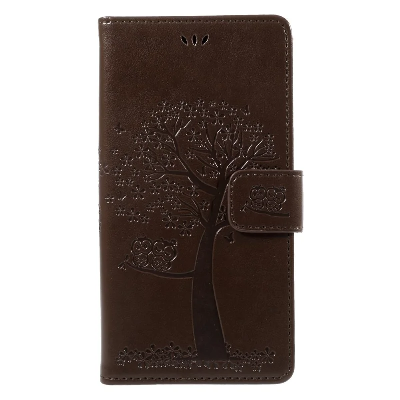 Imprint Tree Owl Magnetic Wallet Flip PU Leather Stand Casing for Samsung Galaxy J7 (2017) EU / Asia Version - Brown