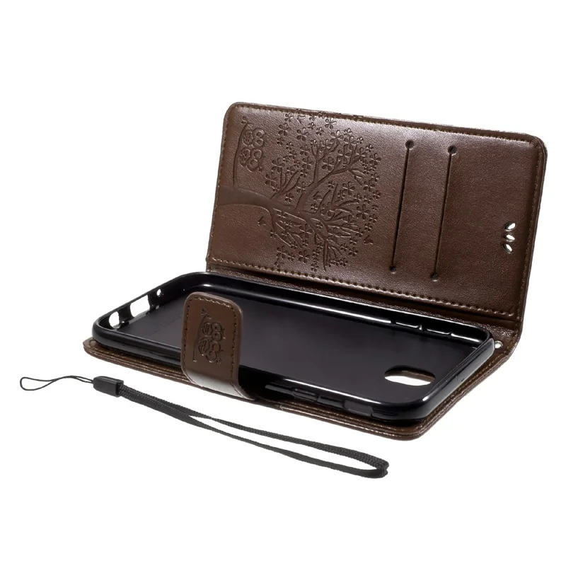 Imprint Tree Owl Magnetic Wallet Flip PU Leather Stand Casing for Samsung Galaxy J7 (2017) EU / Asia Version - Brown
