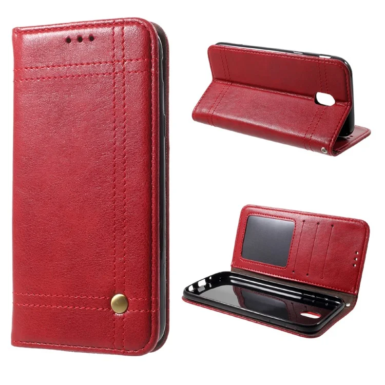 Vintage Style Double Stitch Featuring Leather Wallet Stand Cover for Samsung	Galaxy J5 (2017) EU Version - Red