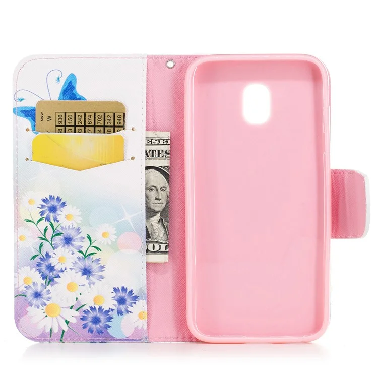 For Samsung Galaxy J7 (2017) J730 EU Version Pattern Printing Wallet Leather Stand Cell Phone Casing - Daisy and Blue  Butterfly