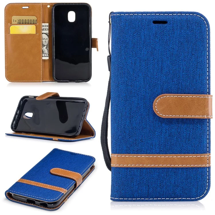 For Samsung Galaxy J3 (2017) EU Version Two-tone Jean Cloth Leather Wallet Stand Casing with Card Slots - Baby Blue