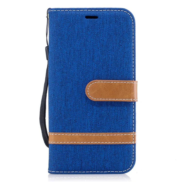 For Samsung Galaxy J3 (2017) EU Version Two-tone Jean Cloth Leather Wallet Stand Casing with Card Slots - Baby Blue