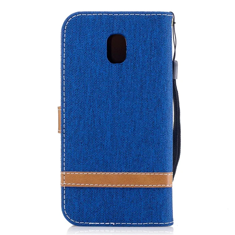 For Samsung Galaxy J3 (2017) EU Version Two-tone Jean Cloth Leather Wallet Stand Casing with Card Slots - Baby Blue