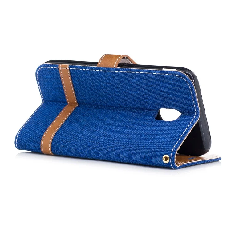 For Samsung Galaxy J3 (2017) EU Version Two-tone Jean Cloth Leather Wallet Stand Casing with Card Slots - Baby Blue