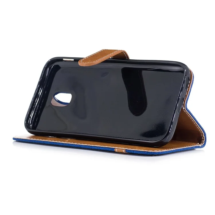 For Samsung Galaxy J3 (2017) EU Version Two-tone Jean Cloth Leather Wallet Stand Casing with Card Slots - Baby Blue