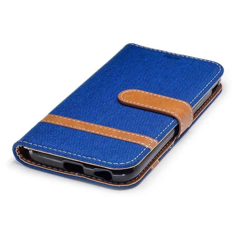 For Samsung Galaxy J3 (2017) EU Version Two-tone Jean Cloth Leather Wallet Stand Casing with Card Slots - Baby Blue