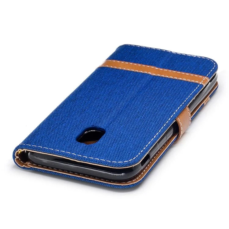 For Samsung Galaxy J3 (2017) EU Version Two-tone Jean Cloth Leather Wallet Stand Casing with Card Slots - Baby Blue