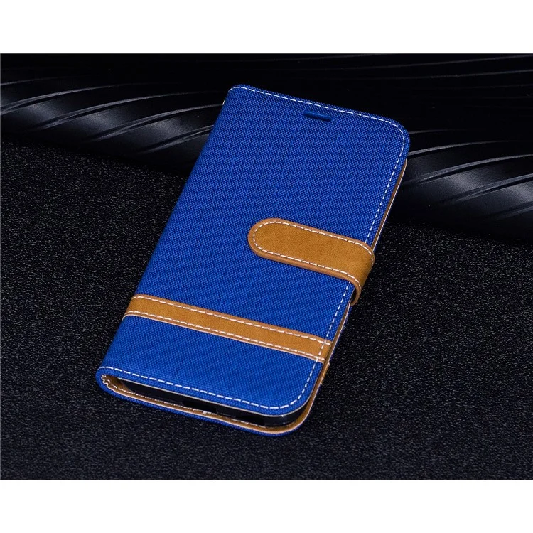 For Samsung Galaxy J3 (2017) EU Version Two-tone Jean Cloth Leather Wallet Stand Casing with Card Slots - Baby Blue