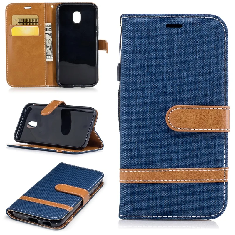 For Samsung Galaxy J3 (2017) EU Version Two-tone Jean Cloth Leather Wallet Stand Case with Card Slots - Dark Blue