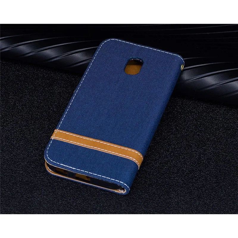 For Samsung Galaxy J3 (2017) EU Version Two-tone Jean Cloth Leather Wallet Stand Case with Card Slots - Dark Blue